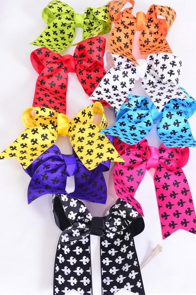 Hair Bow Large Long Tail Fleur Delis Grosgrain Bow-tie Multi / 12 pcs Bow = Dozen Alligator Clip , Size-6.5x 6" Wide , 2 Black , 2 White , 2 Fuchsia , 1 Yellow ,1 Red ,1 Blue ,1 Purple ,1 Lime ,1 Orange Mix ,Clip Strip & UPC Code