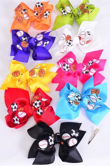 Hair Bow Jumbo Sports Grograin Bow-tie Multi / 12 pcs Bow = Dozen Alligator Clip , Bow - 6" x 5" , 2 Fuchsia , 2 White , 2 Bk  , 1 Lime , 1 Orange , 1 Blue , 1 Red , 1 Yellow ,1 Purple Mix , Clip Strip & UPC Code