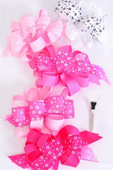 Hair Bow Jumbo Double Layered Chiffon Flower Loop Bow Grosgrain Bow / 12 pcs Bow = Dozen Pink Mix , Alligator Clip , Bow Size - 4.5" x 4" Wide , 4 Fuchsia , 4 Hot Pink , 2 2tone Pink , 1 Baby Pink , 1 White Mix , Clip Strip