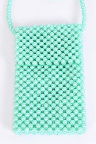Pearl Bags Women Handbags Ladies Evening Party Shoulder Bag Beaded Messenger Crossbody Bags Phone Purse/PC **Mint Green** Handmade,Size-7"x 4.25" Wide,OPP Bag & UPC Code