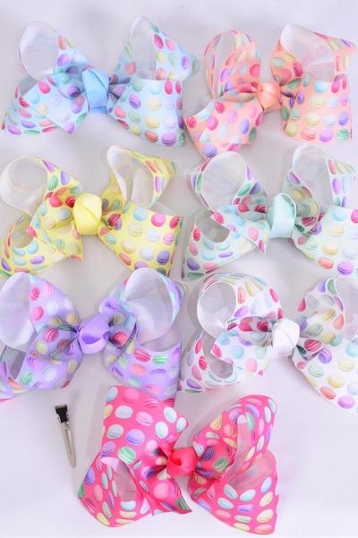 Hair Bow Jumbo Macaroon Grosgrain Bow-tie Pastel / 12 pcs Bow = Dozen Macaroon , Alligator Clip , Size - 6" x 5", 2 White , 2 Pink , 2 Lavender , 2 Blue , 2 Yellow , 1 Peach , 1 Mint Mix , Clip Strip and UPC Cod