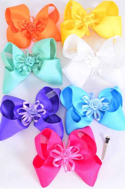 Hair Bow Jumbo Center Rose Grosgrain Bow-tie Citrus / 12 pcs Bow = Dozen Alligator Clip , Size - 6" x 5" Wide , 2 White , 2 Fuchsia , 2 Blue , 2 Yellow ,2 Purple , 1 Orange , 1 Lime Color Asst ,Clip Strip & UPC Code
