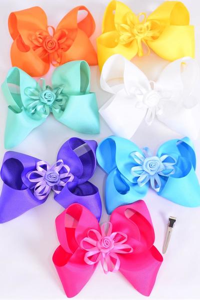 Hair Bow Jumbo Center Rose Grosgrain Bow-tie Citrus / 12 pcs Bow = Dozen Alligator Clip , Size - 6"x 5" Wide , 2 White , 2 Fuchsia , 2 Blue , 2 Yellow ,2 Purple , 1 Orange , 1 Lime Color Asst ,Clip Strip & UPC Code