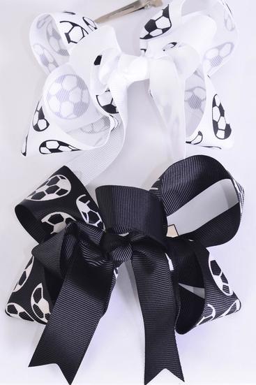 Hair Bow Jumbo Double Layered Soccer Sport Black White Mix / 12 pcs Bow = Dozen Soccer , Alligator Clip , Bow - 6" x 5" Wide , 6 Black , 6 White Color Mix , Clip Strip & UPC Code