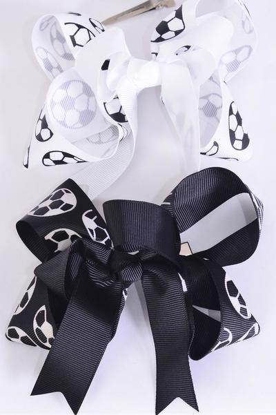 Hair Bow Jumbo Double Layered Soccer Sport Black White Mix / 12 pcs Bow = Dozen Soccer , Alligator Clip , Bow - 6" x 5" Wide , 6 Black , 6 White Color Mix , Clip Strip & UPC Code