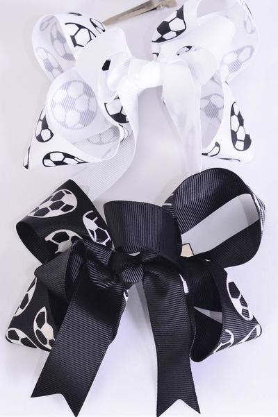 Hair Bow Jumbo Double Layered  Soccer Sport Black & White Mix / 12 pcs Bow = Dozen Alligator Clip , Bow - 6" x 5" Wide , 6 Black , 6 White Color Mix , Clip Strip & UPC Code