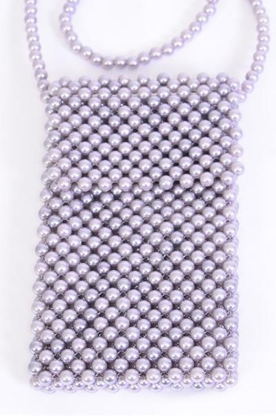 Pearl Bags Women Handbags Ladies Evening Party Shoulder Bag Beaded Messenger Crossbody Bags Phone Purse/PC **Gray** Handmade,Size-7"x 4.25" Wide,OPP Bag & UPC Code