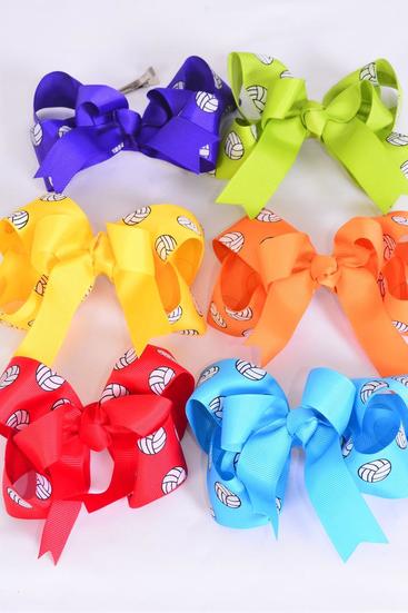 Hair Bow Jumbo Double Layered Volleyball Sport Multi Grosgrain Bow-tie/DZ **Multi** Alligator Clip,Size-6"x 6" Wide, 2 Of each Color Asst,Clip Strip & UPC Code.