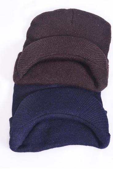 Winter Knitted Hat w Visor/DZ 6 Navy,6 Brown Mix,With OPP Bag