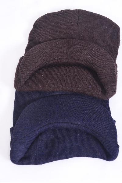 Hat Winter Knit Beanie Hat with Visor Navy Brown Mix / 12 pcs = Dozen Knit Winter Beanie , 6 Navy , 6 Brown Color Mix , With OPP Bag