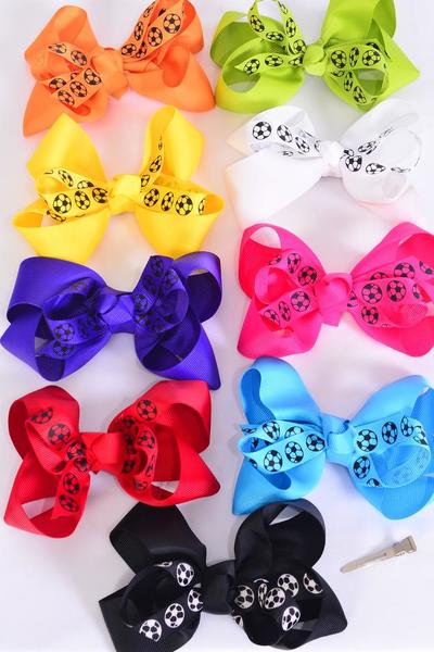 Hair Bow Jumbo Double Layered Soccer Sport Grosgrain Bow-tie Multi / 12 pcs Bow = Dozen Alligator Clip , Size-6"x 5" Wide ,2 White ,2 Blue ,2 Fuchsia ,2 Red ,1 Yellow ,1 Purple ,1 Lime ,1 Orange Mix, Clip Strip & UPC Code