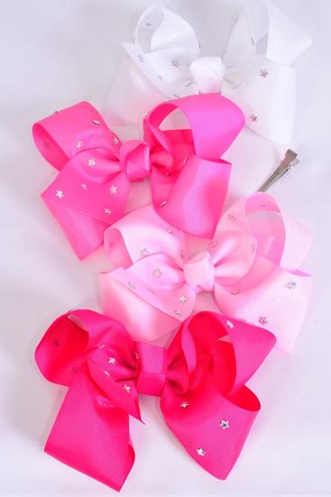 Hair Bow Jumbo Studded Iridescent Stars Pink Mix Grosgrain Bow-tie / 12 pcs Bowe = Dozen Pink Mix , Alligator Clip , Size - 6" x 5" Wide , 3 White , 3 Baby Pink , 3 Hot Pink , 3 Fuchsia Color Asst , Clip Strip & UPC Code