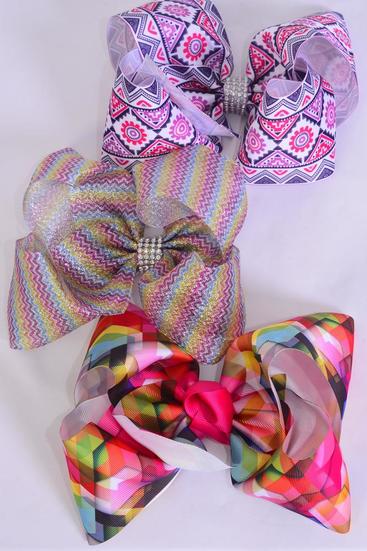 Hair Bow Extra Jumbo Cheer Type Bow Mix Pattern Grosgrain Bow-tie / 12 pcs Bow = Dozen Alligator Clip , Size - 8" x 7" Wide , 4 Of Each Pattern Asst , Clip Strip & UPC Code