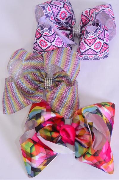 Hair Bow Extra Jumbo Cheer Type Bow Mix Pattern Grosgrain Bow-tie / 12 pcs Bow = Dozen Alligator Clip , Size - 8" x 7" Wide , 4 Of Each Pattern Asst , Clip Strip & UPC Code