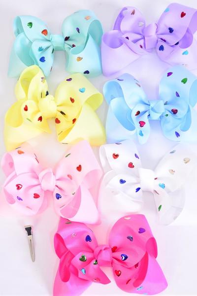 Hair Bow Jumbo Metallic Studded Hearts Grosgrain Bow-tie Pastel / 12 pcs Bow = Dozen Alligator Clip , Size - 6" x 5" , 2 White , 2 Pink , 1 Blue , 1 Yellow , 2 Lavender , 2 Hot Pink , 2 Mint Green Color Asst , Clip Strip & UPC Code