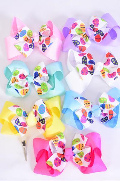 Hair Bow Jumbo Double Layered Easter Colorful Easter Eggs Grosgrain Bow-tie Pastel / 12 pcs Bow = Dozen **Pastel** Size-6"x 6" Wide,Alligator Clip,2 White,2 Baby Pink,1 Blue,1 Yellow,2 Lavender,2 Hot Pink,2 Mint Green,7 Color Asst,Clip Strip & UPC Code