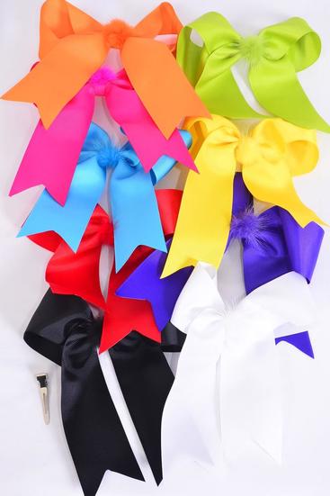 Hair Bow Long Tail Multi Center Mink Fur Ball Grosgrain Bow-tie Multi / 12 pcs Bow = Dozen  Alligator Clip , Bow - 6.5" x 6", 2 Bk , 2 White , 2 Fuchsia , 1 Red , 1 Yellow , 1 Blue , 1 Purple , 1 Orange , 1 Lime Asst , Clip Strip & UPC Code