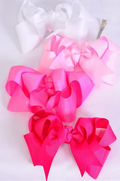 Hair Bow Jumbo Double Layered Pink Mix Grosgrain Bow-tie / 12 pcs Bow = Dozen Alligator Clip , Size - 6" x 5" Wide , 3 White , 3 Pearl Pink , 3 Hot Pink , 3 Fuchsia Color Asst , Clip Strip & UPC Code