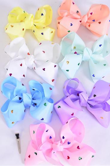 Hair Bow Jumbo Metallic Heart Studded Grosgrain Bow-tie / 12 pcs Bow = Dozen Alligator Clip , Size - 6" x 5", 2 White , 2 Baby Pink , 2 Lavender , 2 Blue , 2 Yellow , 1 Peach , 1 Mint Green Color Asst , Clip Strip & UPC Code