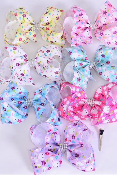 Hair Bow Jumbo Cute Easter Bunny Face Pastel Grosgrain Bow-tie / Dozen Size-6"x 5", Alligator Clip , 2 White , 2 Baby Pink , 2 Lavender , 2 Blue , 2 Yellow , 1 Hot Pink , 1 Mint Green Color Asst , Clip Strip & UPC Code