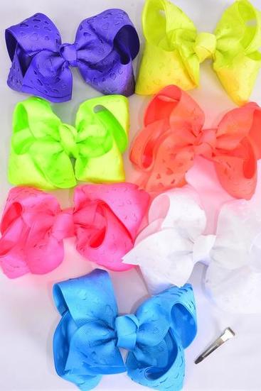 Hair Bow Jumbo Double Layered Carve Heart Caribbean Neon Grosgrain Bow-tie / 12 pcs Bow = Dozen  Alligator Clip , Size- 6"x 5" Wide , 2 Turquoise , 2 Orange , 2 White , 2 Purple , 2 Pink , 1 Yellow , 1 Lime Mix , Clip Strip & UPC Code