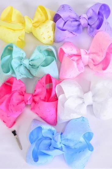 Hair Bow Jumbo Double Layered Carve Heart Grosgrain Bow-tie Pastel / 12 pcs Bow = Dozen Alligator Clip , Size- 6"x 5" Wide , 2 White , 2 Pink , 1 Blue , 1 Yellow , 2 Lavender , 2 Hot Pink , 2 Mint Mix Color Asst , Clip Strip & UPC Code
