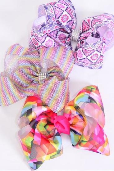 Hair Bow Extra Jumbo Cheer Type Bow Mix Pattern Grosgrain Bow-tie / 12 pcs Bow = Dozen Alligator Clip , Size-8"x 7" Wide , 4 Of Each Pattern Asst , Clip Strip & UPC Code