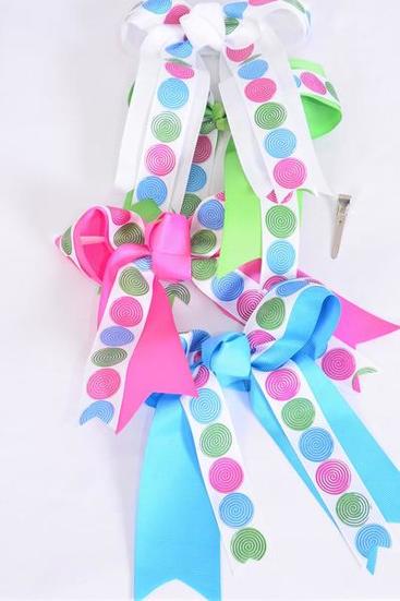 Hair Bow Long Tail Double Layered Lollipop Grosgrain Bow-tie Spring/DZ **Spring** Alligator Clip,Bow-6.5"x 6" Wide,3 Hot Pink,3 White,3 Turquoise,3 Green Flash Color Asst,Clip Strip & UPC Code