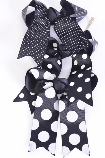 Hair Bow Jumbo Long Tail Polka dots Black Grosgrain Bow-tie /  12 pcs Bow = Dozen Alligator Clip , Size - 6.5" x 6" Wide , 4 of each Pattern Asst , Clip Strip & UPC Code