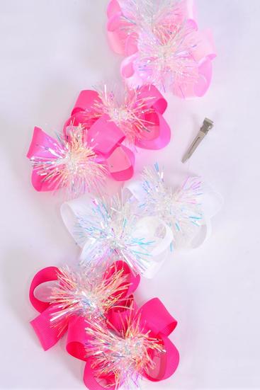 Hair Bow 24 pcs Iridescent Grosgrain Bow-tie Pink Mix / 12 pair Bow = Dozen Alligator Clip , Size - 3.5" x 2.5" Wide , 3 White , 3 Pearl Pink , 3 Hot Pink , 3 Fuchsia Color Asst , Clip Strip & UPC Code