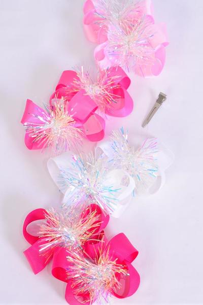 Hair Bow 24 pcs Iridescent Grosgrain Bow-tie Pink Mix / 12 pair Bow = Dozen Alligator Clip , Size - 3.5" x 2.5" Wide , 3 White , 3 Pearl Pink , 3 Hot Pink , 3 Fuchsia Color Asst , Clip Strip & UPC Code