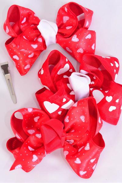 Hair Bow Large Double Layered Fabric Heart Print Grosgrain & Satin Mix / 12 pcs Bow = Dozen Alligator Clip , Bow- 4"x 3" Wide , 4 of each Pattern Asst , Clip Strip & UPC Code