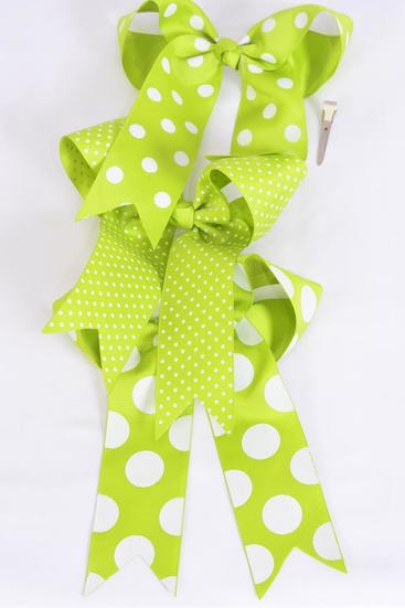 Hair Bow Jumbo Long Tail Polka dots Lime Green Mix Grosgrain Bow-tie / 12 pcs Bow = Dozen  Alligator Clip , Size-6.5"x 6" Wide , 4 of each Pattern Asst , Clip Strip & UPC Code