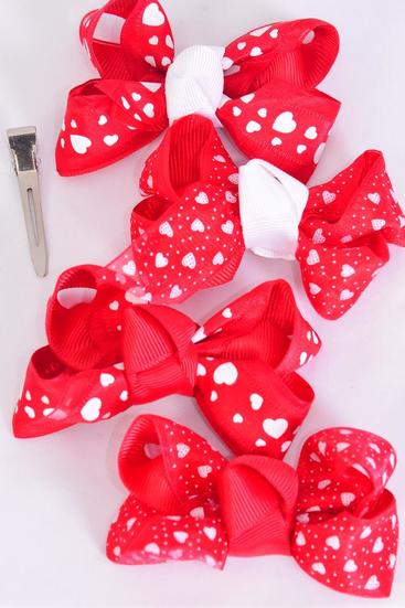 Hair Bow Double Layered Heart Print Grosgrain & Chiffon Mix / 12 pcs Bow = Dozen Alligator Clip , Bow-3"x 2" Wide , 3 of each Pattern Mix , Clip Strip & UPC Code