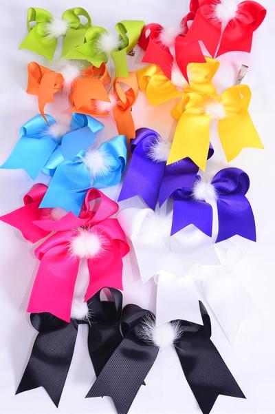 Hair Bow 24 pcs Mink Fur Ball Grosgrain Bow Multi / 12 Pair = Dozen Alligator Clip , Size - 3.5"x 3" , 2 Bk , 2 White , 2 Fuchsia , 1 Yellow , 1 Red , 1 Blue , 1 Purple , 1 Lime , 1 Orange Mix , Clip Strip & UPC Code 