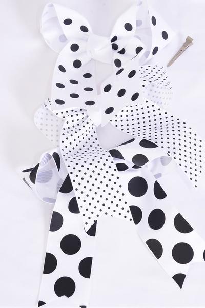 Hair Bow Jumbo Long Tail Polka dots White Grosgrain Bow-tie / 12 pcs Bow = Dozen Alligator Clip , Size-6.5"x 6", 4 Of Each Pattern Asst , Clip Stip & UPC Code