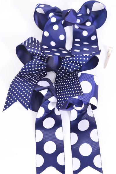 Hair Bow Jumbo Long Tail Polka dots Navy Grosgrain Bow-tie / 12 pcs Bow = Dozen Navy , Alligator Clip , Size - 6.5" x 6" , 4 Of Each Pattern Asst , Clip Stip & UPC Code