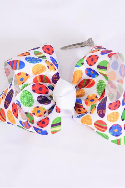 Hair Bow Extra Jumbo Cheer Type Bow Colorful Easter Eggs Grosgrain Bow-tie / 12 pcs Bow = Dozen  Alligator Clip , Size-8"x 7" Wide , Clip Strip & UPC Code