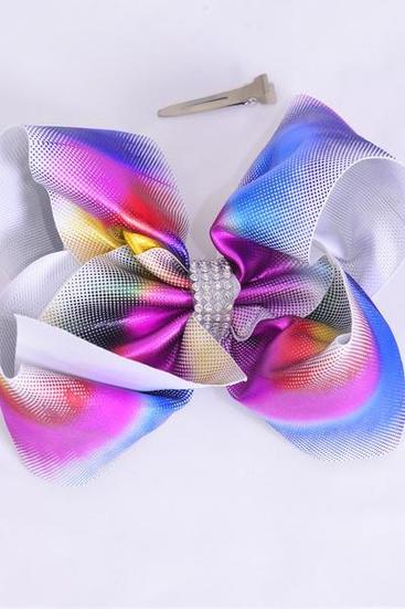 Hair Bow Extra Jumbo Cheer Type Bow Multi Holographic Grosgrain Bow-tie / 12 pcs Bow = Dozen  Alligator Clip , Size-8"x 7" Wide , Clip Strip & UPC Code
