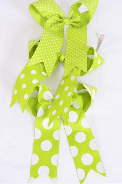 Hair Bow Jumbo Long Tail Polka dots Lime Green Mix Grosgrain Bow-tie / 12 pcs Bow = Dozen  Alligator Clip , Size-6.5"x 6" Wide , 4 of each Pattern Asst , Clip Strip & UPC Code