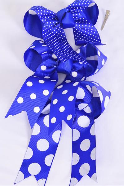 Hair Bow Jumbo Long Tail Polka dots Royal Blue Mix Grosgrain Bow-tie /  12 pcs Bow = Dozen Alligator Clip , Size-6.5"x 6" Wide , 4 of each Pattern Asst , Clip Strip & UPC Code