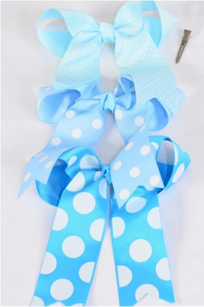 Hair Bow Jumbo Long Polka dots Blue Mix Grosgrain Bow-tie /  12 pcs Bow = Dozen Alligator Clip , Size-6.5"x 6" Wide , 4 of each Pattern Asst , Clip Strip & UPC Code