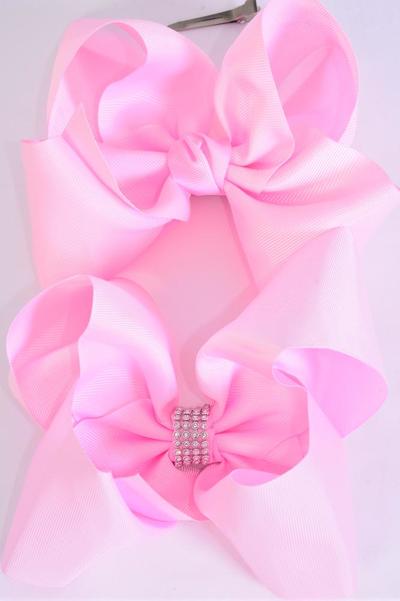 Hair Bow Jumbo Center Clear Stones Baby Pink Mix Grosgrain Bow-tie / 12 pcs Bow = Dozen  Alligator Clip , Bow- 6"x 5" Wide , 6 of each Pattern Asst , Clip Strip & UPC Code