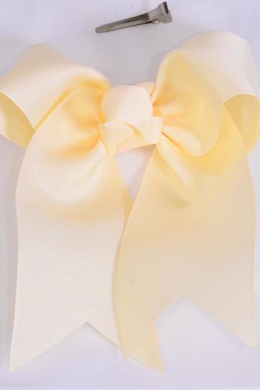Hair Bow Extra Jumbo Long Tail Cheer Type Bow Cream Beige Grosgrain Bow-tie / 12 pcs Bow = Dozen  Ivory , Alligator Clip , Size - 6.5" x 6" Wide , Clip Strip & UPC Code