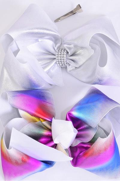 Hair Bow Extra Jumbo Cheer Type Bow Holographic Grosgrain Bow-tie / 12 pcs Bow = Dozen  Iridescent , Alligator Clip , Size-8"x 7" Wide , 6 of each Pattern Asst , Clip Strip & UPC Code