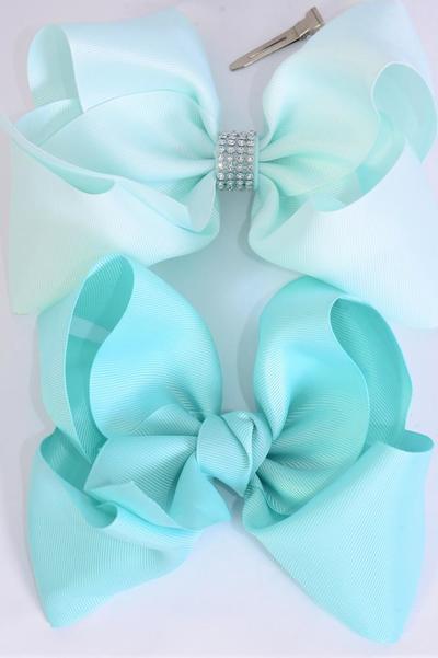 Hair Bow Jumbo Mint Green Pattern Mix Grosgrain Bow-tie / 12 pcs Bow = Dozen  Alligator Clip , Bow- 6"x 5" Wide , 6 Of Each Pattern Asst , Clip Strip & UPC Code