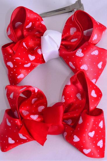 Hair Bow Double Layered Heart Print Grosgrain Bow-tie / 12 pcs Bow = Dozen Alligator Clip , Bow-3"x 2" Wide , 6 Of each pattern Asst , Clip Strip & UPC Code