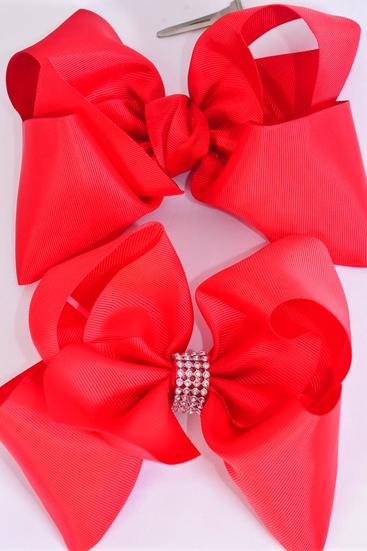 Hair Bow Jumbo Red Mix Grosgrain Bow-tie / 12 pcs Bow = Dozen Alligator Clip , Size-6"x 5" Wide , 6 Of each Pattern Asst , Clip Strip & UPC Code