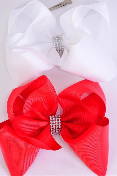 Hair Bow Jumbo Center Clear Stones Red & White Mix Grosgrain Bow-tie / 12 pcs Bow = Dozen Alligator Clip , Bow-6"x 5", 6 Red , 6 White Color Asst , Clip Strip & UPC Code