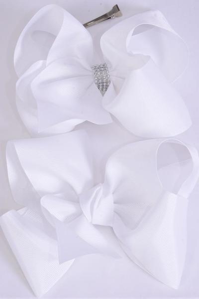 Hair Bow Jumbo White Mix Pattern Grosgrain Bow-tie / 12 pcs Bow = Dozen White , Size- 6"x 5" Wide , Alligator Clip , 6 Of each Pattern Asst , Clip Strip & UPC Code